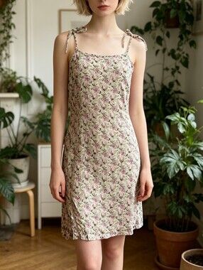 🦩🦩100% Silk, Floral Tie-Shoulder Slip Dress in Cream and Pink